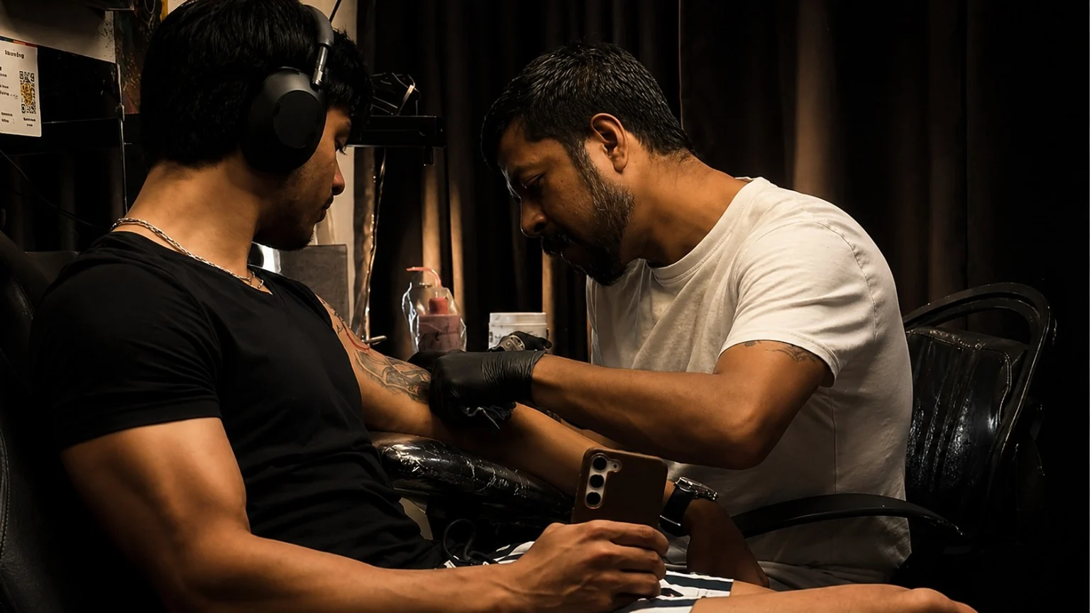 Chetan Salhotra tattooing a seated client's forearm while the client listens to headphones during a session at Inkspace Tattoo Studio in Hauz Khas Village.