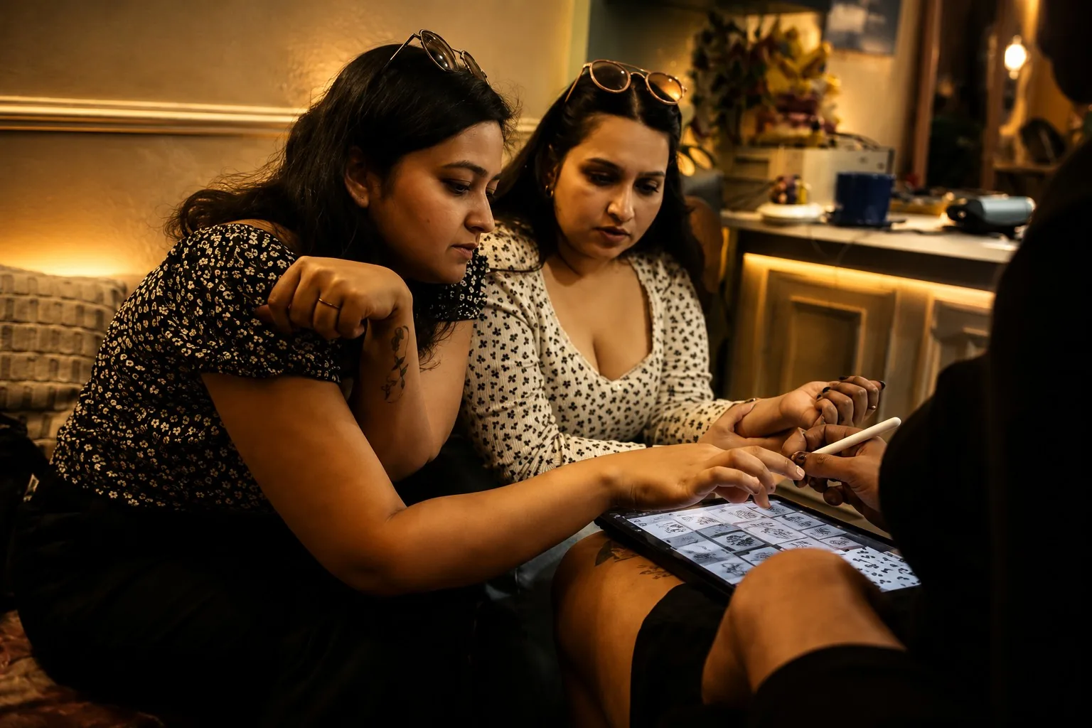 Two clients seated on a studio sofa looking at tattoo designs on an iPad held by a tattoo artist during a consultation at Inkspace.