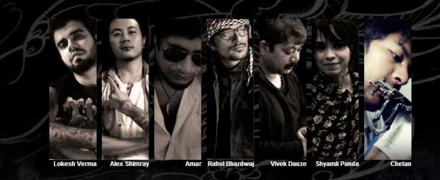 Archive convention line-up of Indian tattoo artists in portrait panels with their names printed beneath each photograph.