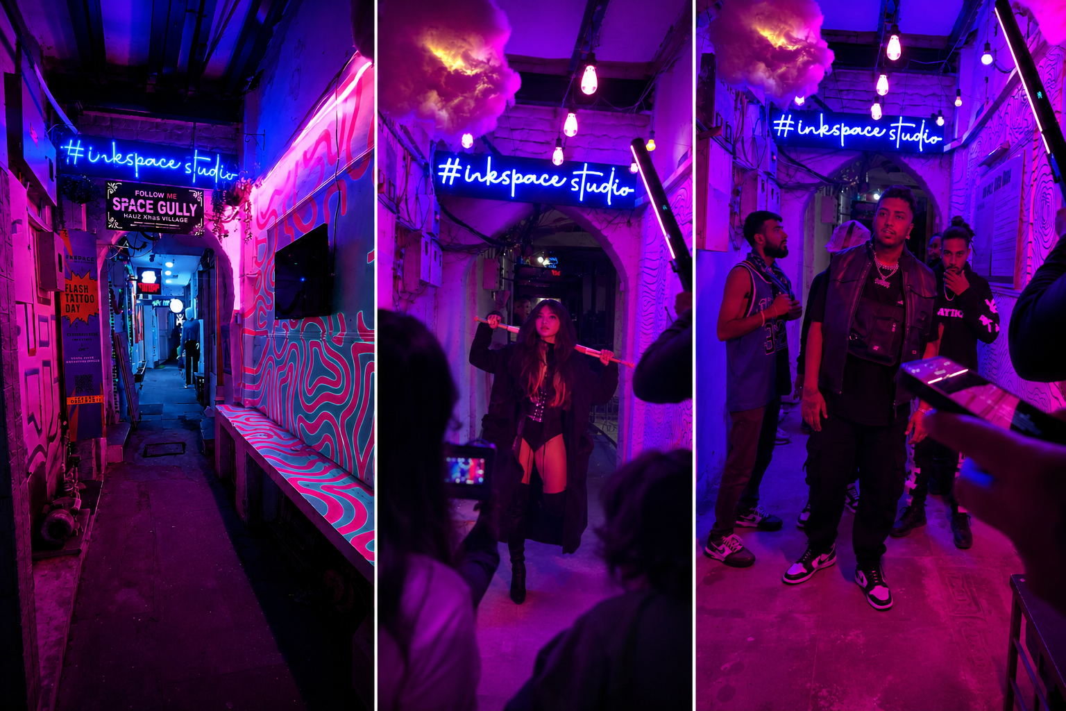 Inkspace Space Gully neon-lit alley at night with #inkspace studio sign in Hauz Khas Village, Delhi