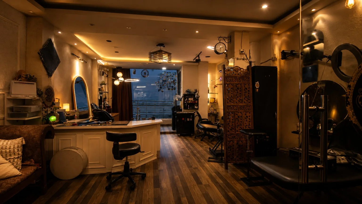 Interior of Inkspace Tattoo Studio in Hauz Khas Village, New Delhi, with warm lighting, a reception counter, tattoo chairs and a carved wooden screen.